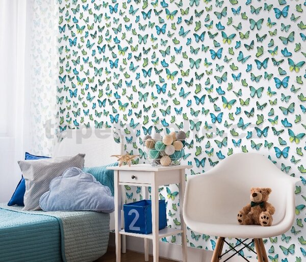 Papírové tapety na zeď Papillon 30000-18, rozměr 10,05 m x 0,53 cm, motýli modro-zelení, Erismann