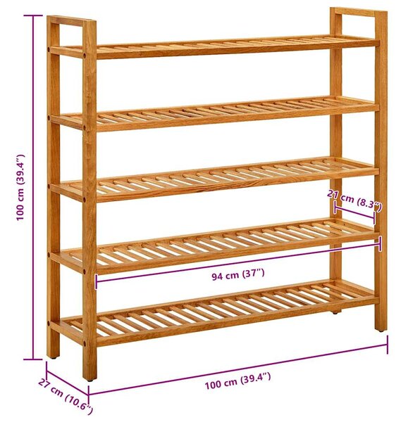 Botník s 5 policemi 100 x 27 x 100 cm masivní dubové dřevo 331751