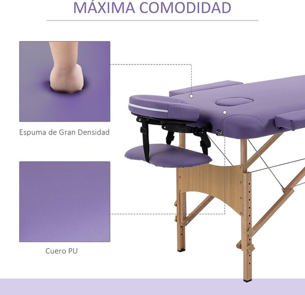 HOMCOM Skládací masážní stůl 210x81 cm Profesionální masážní lůžko s odnímatelným opěradlem hlavy, 2 zóny, madlo a dřevěný rám s nastavitelnou výškou
