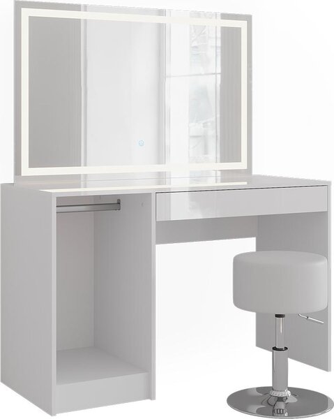 Toaletní stolek Vicco Sherry Bílá/bílý vysoký lesk 119.8 cm s LED osvětlením a taburetem, Model 57589
