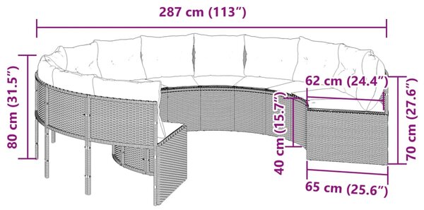 Zahradní pohovka s poduškami kulatá šedá polyratan 3318541