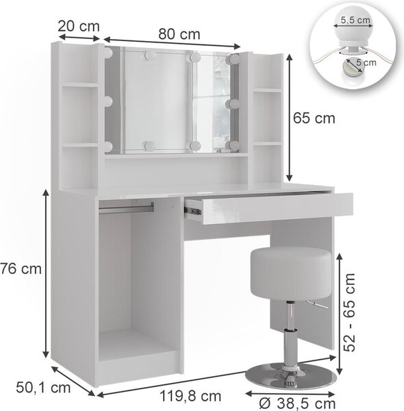 Toaletní stolek Vicco Sherry Bílá/bílý vysoký lesk 119.8 cm 8 dílů, Model 57591