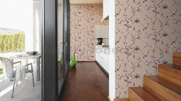 Vliesové tapety na zeď Desert Lodge 38520-3, rozměr 10,05 m x 0,53 m, květy sakury růžovo-bílé na hnědém podkladu , A.S. CRÉATION