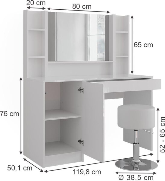 Toaletní stolek Vicco Sherry Bílá/bílý vysoký lesk 119.8 cm 5 dílů, Model 57616