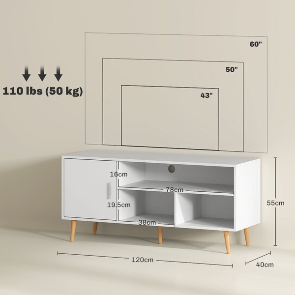 HOMCOM TV stolek pro TV do 60" Moderní televizní stůl s kabinetem a 3 přihrádkami 120x40x55 cm Bílý | Aosom