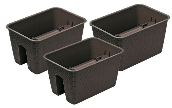 Prosperplast Sada květináčů na zábradlí, 3dílná (obdélníková, hnědá, 396 x 272 x 225 mm) (100301100007)