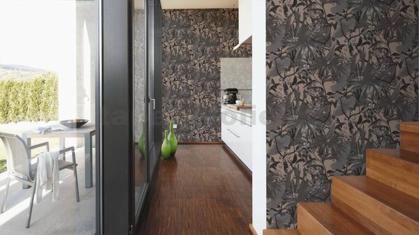 Vliesové tapety na zeď Desert Lodge 38522-5, rozměr 10,05 m x 0,53 m, florální vzor šedý na hnědém podkladu, A.S. CRÉATION