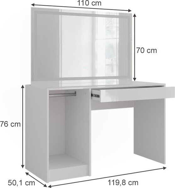 Toaletní stolek Vicco Sherry Bílá/bílý vysoký lesk 119.8 cm s LED zrcadlem, Model 57590