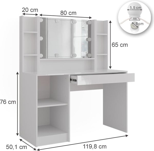 Toaletní stolek Vicco Sherry Bílá/Bílá vysoký lesk 119.8 cm se zrcadlem, Model 57581