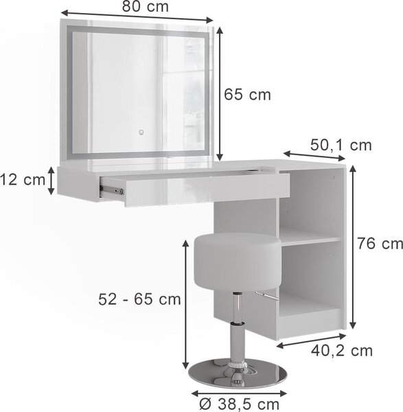 Toaletní stolek Vicco Sherry Bílá/Bílá vysoký lesk 80 cm 4 díly, Model 57723