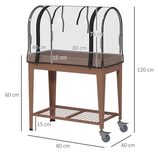 Zvýšený zahradní záhon Outsunny s koly 80x40x120 cm s krytem skleníku a dolní policí pro pěstování rostlin, květin a zeleniny Hnědá | Aosom