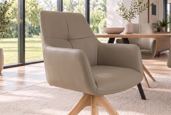 Luxusní kožená otočná jídelní židle Elton s potahem v hnědošedém odstínu taupe s masivními dubovými nohama 62 cm