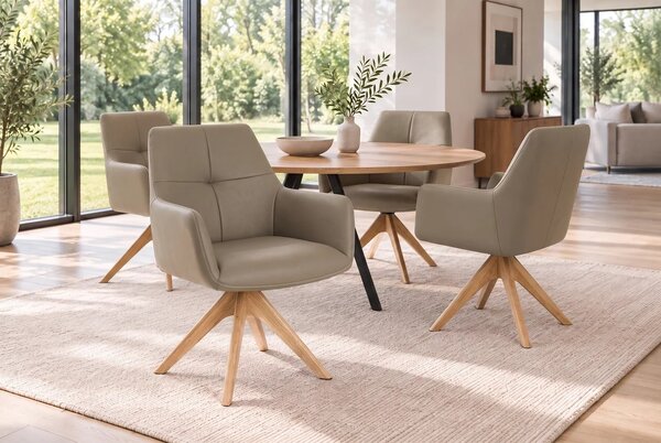 Luxusní kožená otočná jídelní židle Elton s potahem v hnědošedém odstínu taupe s masivními dubovými nohama 62 cm
