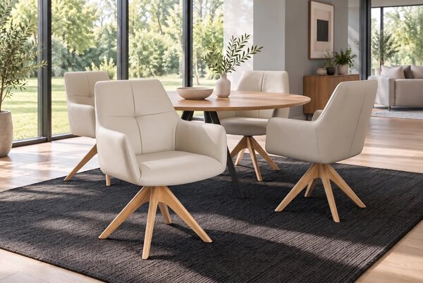 Luxusní designová béžová otočná jídelní židle Elton s potahem z pravé kůže a masivním hnědým dubovým nohama 62 cm