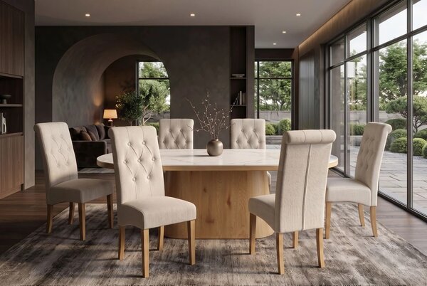 Designová klasická béžová jídelní židle Valentino s prošívaným textilním potahem s knoflíky a zarolovanou opěrkou 45 cm