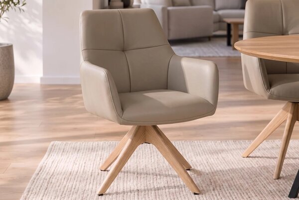 Luxusní kožená otočná jídelní židle Elton s potahem v hnědošedém odstínu taupe s masivními dubovými nohama 62 cm