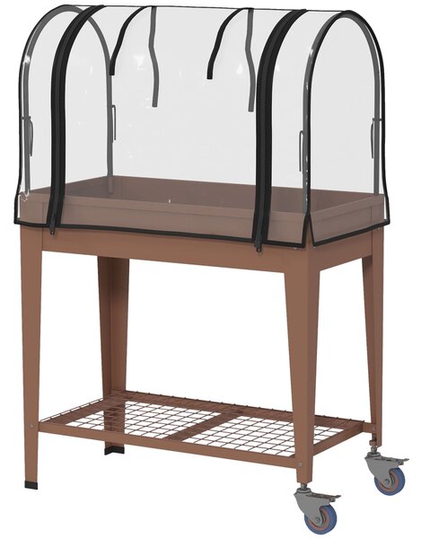 Zvýšený zahradní záhon Outsunny s koly 80x40x120 cm s krytem skleníku a dolní policí pro pěstování rostlin, květin a zeleniny Hnědá | Aosom