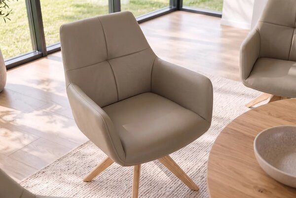 Luxusní kožená otočná jídelní židle Elton s potahem v hnědošedém odstínu taupe s masivními dubovými nohama 62 cm