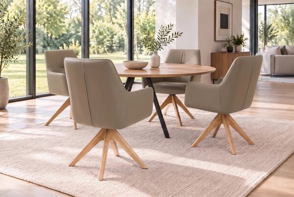 Luxusní kožená otočná jídelní židle Elton s potahem v hnědošedém odstínu taupe s masivními dubovými nohama 62 cm