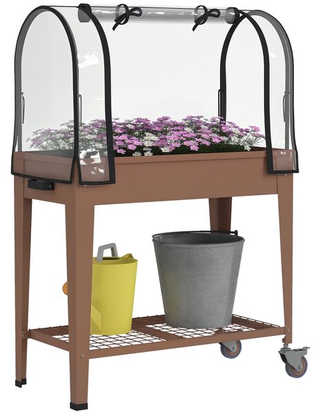 Zvýšený zahradní záhon Outsunny s koly 80x40x120 cm s krytem skleníku a dolní policí pro pěstování rostlin, květin a zeleniny Hnědá | Aosom