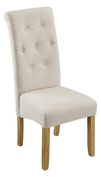Designová klasická béžová jídelní židle Valentino s prošívaným textilním potahem s knoflíky a zarolovanou opěrkou 45 cm