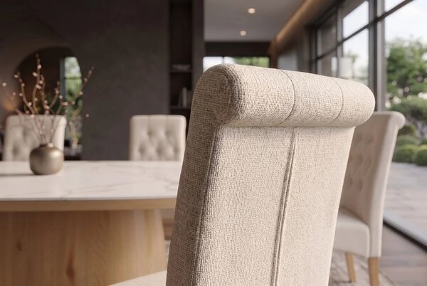 Designová buklé jídelní židle Valentino s béžovým čalouněním s prošíváním s knoflíky a hnědým dřevěnýma nohama 45 cm