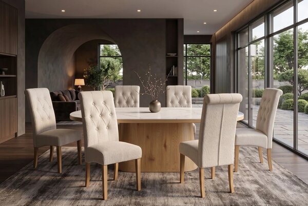 Designová buklé jídelní židle Valentino s béžovým čalouněním s prošíváním s knoflíky a hnědým dřevěnýma nohama 45 cm