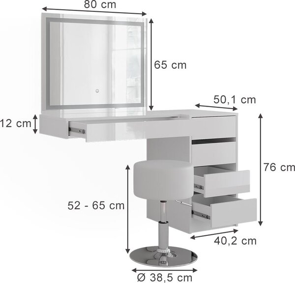 Toaletní stolek Vicco Sherry Bílá/Bílá vysoký lesk 80 cm 4 díly, Model 57727