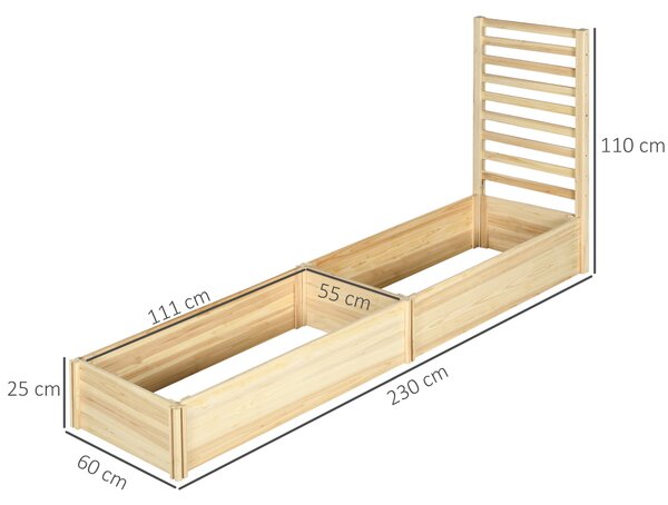Outsunny Velký Dřevěný Zahradní Květináč s Trellis pro Popínavé Rostliny a 2 Vyvýšené Záhony pro Terasu a Balkon 230x60x110 cm Přírodní | Aosom