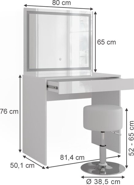 Toaletní stolek Vicco Sherry Bílá/bílý vysoký lesk 81.4 cm s LED zrcadlem a stoličkou, Model 57677