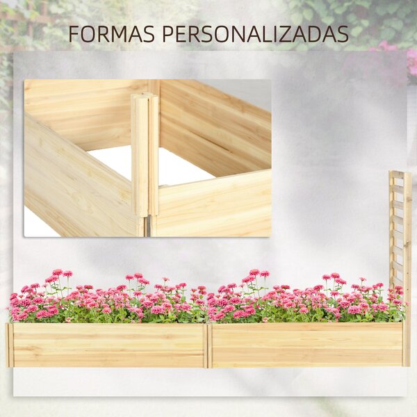 Outsunny Velký Dřevěný Zahradní Květináč s Trellis pro Popínavé Rostliny a 2 Vyvýšené Záhony pro Terasu a Balkon 230x60x110 cm Přírodní | Aosom