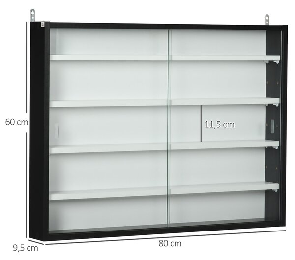 HOMCOM Stěnová vitrína s nastavitelnými policemi a 2 posuvnými skleněnými dveřmi pro sbírky parfémů a dekorativních figurek 80x9,5x60 cm Černá a Bílá