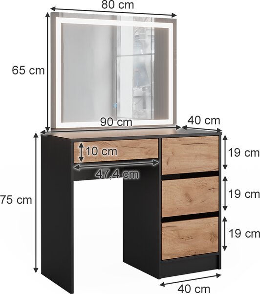 Toaletní stolek Vicco Sherry Antracit/zlatý dub 90 x 75 cm se zrcadlem LED, Model 52035