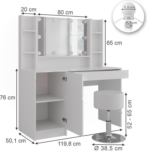 Toaletní stolek Vicco Sherry Bílá/bílý vysoký lesk 119.8 cm 5 dílů, Model 57615