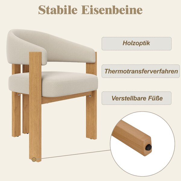 Flieks Ergonomická jídelní židle, sada 6 kusů, s tlustým polstrováním, stabilními železnými nohami a vzhledem dřeva, kuchyňské židle, čalouněné židle, barva: béžová + přírodní