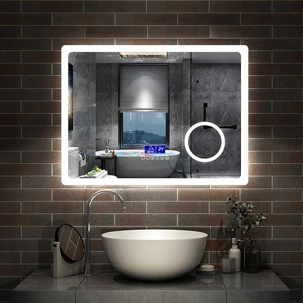 Zrcadlo do koupelny 80x60 cm, Bluetooth 5.0, zrcadlo s osvětlením, 3 barvy světla, nástěnné, s hodinkami, dotykové ovládání, proti zamlžování, zobrazení data, studená/neutrální/teplá bílá, IP44, úsporné