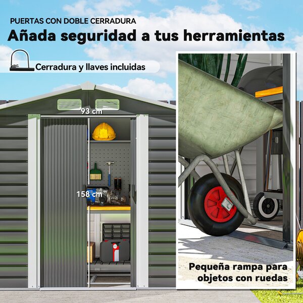 Zahradní domek Outsunny 2,36 m² 213x120x194 cm Exteriérové úložiště se zesíleným podstavcem (podlaha není součástí) Posuvné dveře s visacím zámkem a o