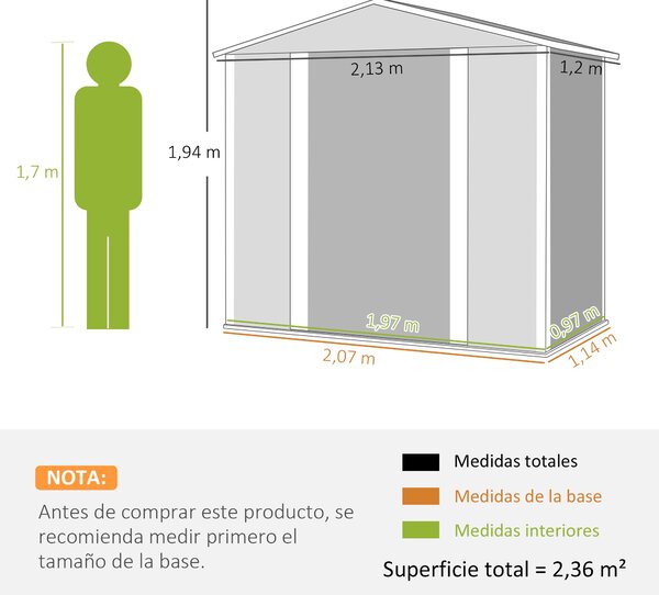 Zahradní domek Outsunny 2,36 m² 213x120x194 cm Exteriérové úložiště se zesíleným podstavcem (podlaha není součástí) Posuvné dveře s visacím zámkem a o