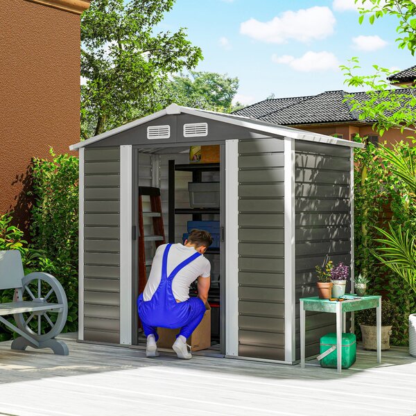 Zahradní domek Outsunny 2,36 m² 213x120x194 cm Exteriérové úložiště se zesíleným podstavcem (podlaha není součástí) Posuvné dveře s visacím zámkem a o