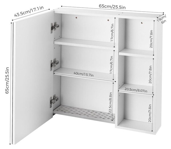 Koupelnová skříňka se zrcadlem - Bílá - 65 x 15 x 65 cm - Závěsná skříňka s policemi a zrcadlem