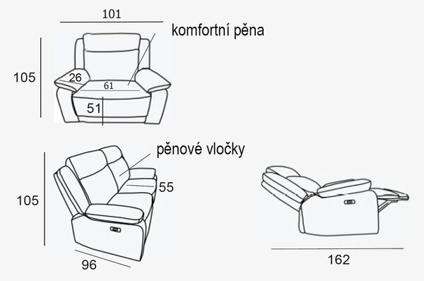 Kožené křeslo CONTINENTAL s elektrickou funkcí relax 1P, elektrické, černá (nero 308)