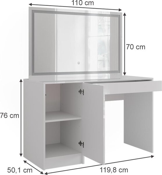 Toaletní stolek Vicco Sherry Bílá/bílý vysoký lesk 119.8 cm s LED zrcadlem, Model 57614