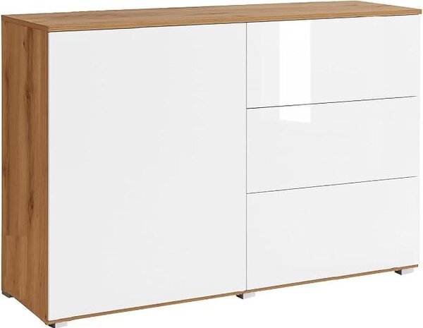 - Komoda Parma, boční skříňka, šířka 111 cm, se TŘEMI zásuvkami | Otevírání stisknutím, barva: dub Wotan / bílá vysoký lesk