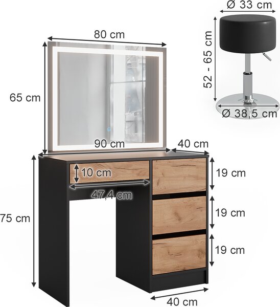 Toaletní stolek Vicco Sherry Antracit/zlatý dub 90 x 75 cm se zrcadlem LED a stoličkou, Model 52036
