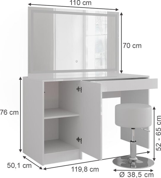 Toaletní stolek Vicco Sherry Bílá/bílý vysoký lesk 119.8 cm s LED zrcadlem a taburetem, Model 57613