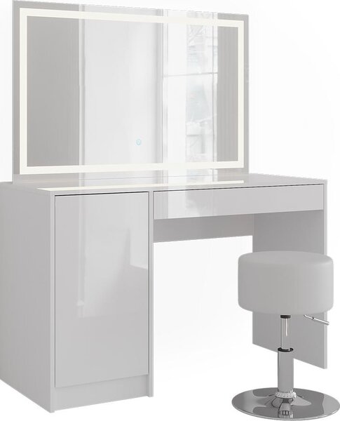 Toaletní stolek Vicco Sherry Bílá/bílý vysoký lesk 119.8 cm s LED zrcadlem a taburetem, Model 57613