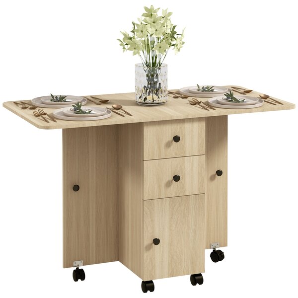 HOMCOM Skládací Jídelní Stůl Kuchyňský Stůl s Kolíky Sklopné Křídla Zásuvky a Skříňka pro 4-6 Osob 120x60x76,5 cm Přírodní | Aosom