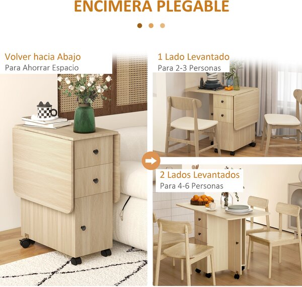 HOMCOM Skládací Jídelní Stůl Kuchyňský Stůl s Kolíky Sklopné Křídla Zásuvky a Skříňka pro 4-6 Osob 120x60x76,5 cm Přírodní | Aosom