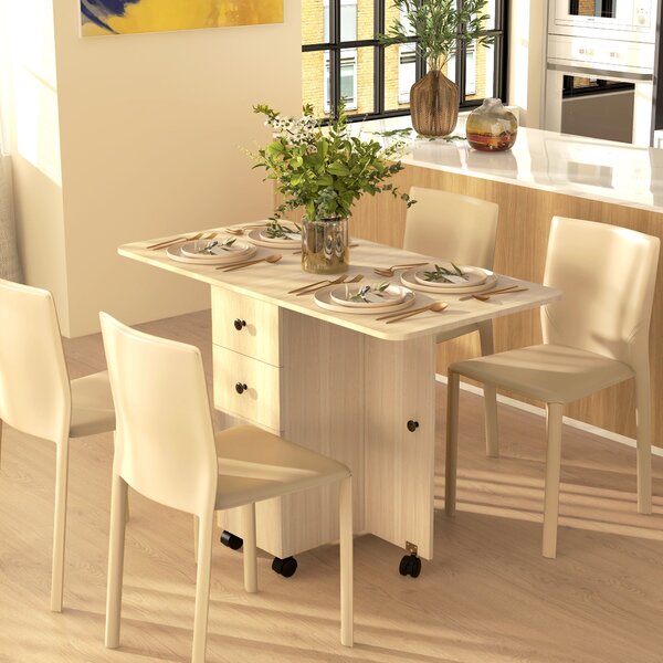 HOMCOM Skládací Jídelní Stůl Kuchyňský Stůl s Kolíky Sklopné Křídla Zásuvky a Skříňka pro 4-6 Osob 120x60x76,5 cm Přírodní | Aosom
