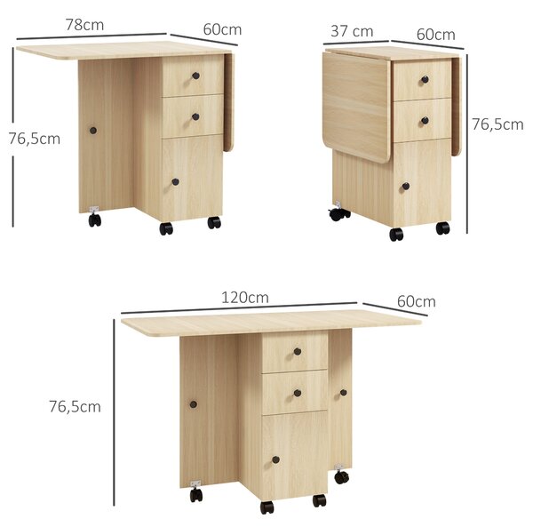 HOMCOM Skládací Jídelní Stůl Kuchyňský Stůl s Kolíky Sklopné Křídla Zásuvky a Skříňka pro 4-6 Osob 120x60x76,5 cm Přírodní | Aosom